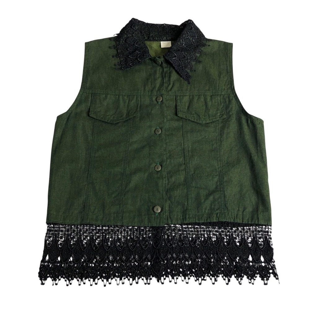 Western Boho Vest Womens Small Green Lace Crochet Hem Cotton‎ Festival Cowgirl